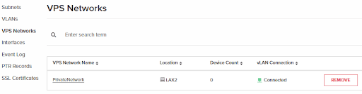 VPS networks page displaying the newly created VPS network.