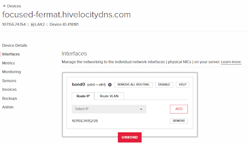 Interfaces page displaying the current bond setup on the device, if present