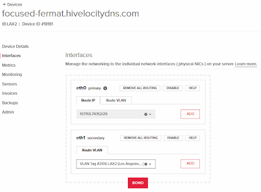 Interfaces page displaying available values to be set for each interface. 