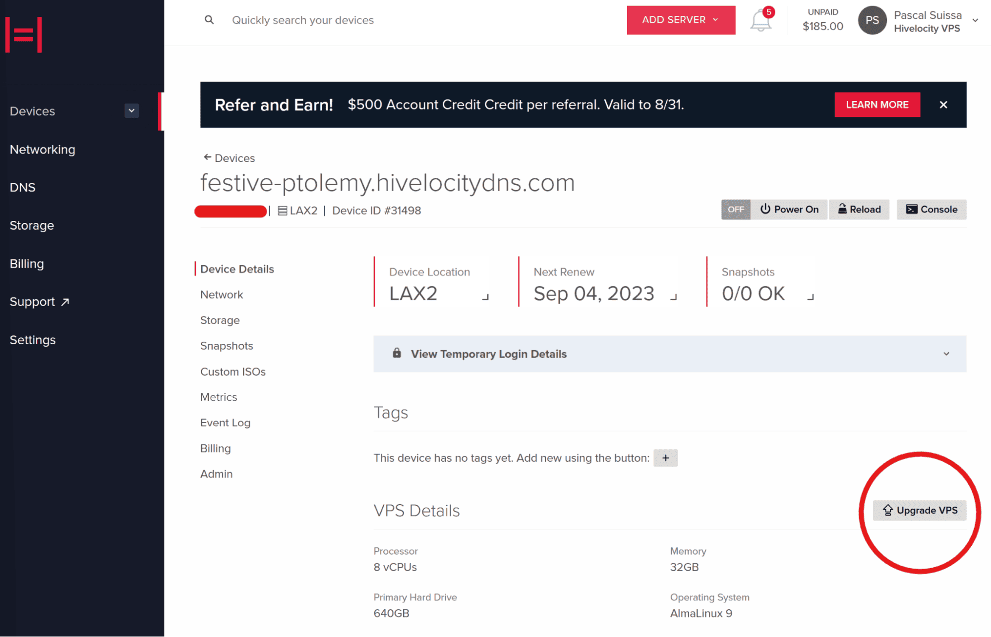 Screenshot highlighting the Upgrade VPS button on the device details tab.