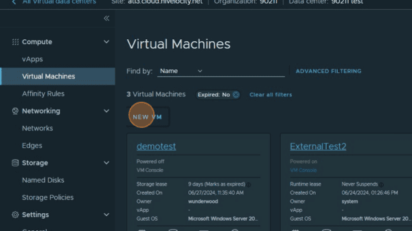 dashboard with all virtual machines