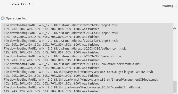 Operations log showing the progress of installing Plesk's files