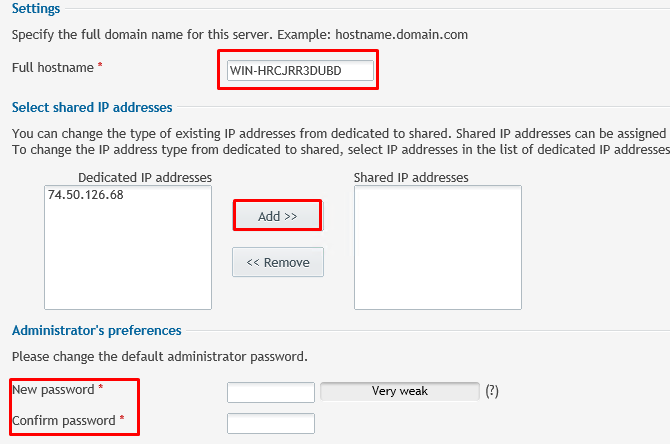 Settings window highlighting the "hostname", "dedicated IP addresses", and "administrator's preferences" sections