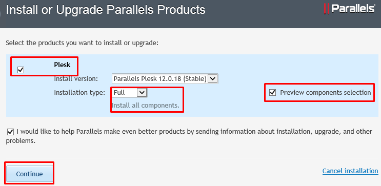 Installation screen highlighting "Plesk", "Installation type: Full", and the "Preview components selection" checkbox