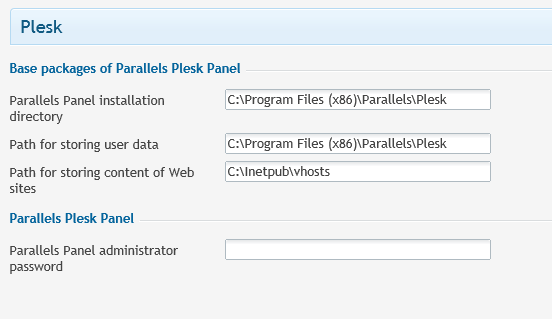 Window showing the default installation directories for Plesk