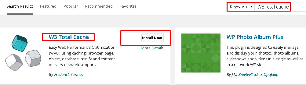 Search bar results showing W3 Total Cache and Install Now button. 