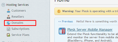 Domain tab within Plesk 