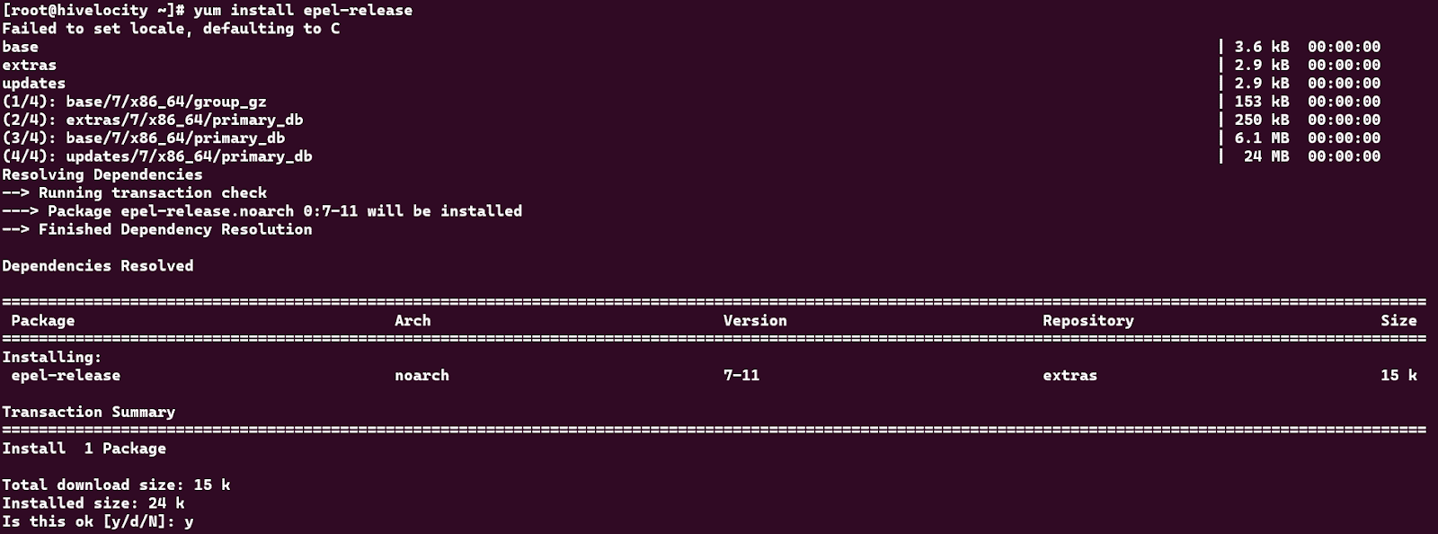 Terminal window highlighting the "yum install epel-release" command