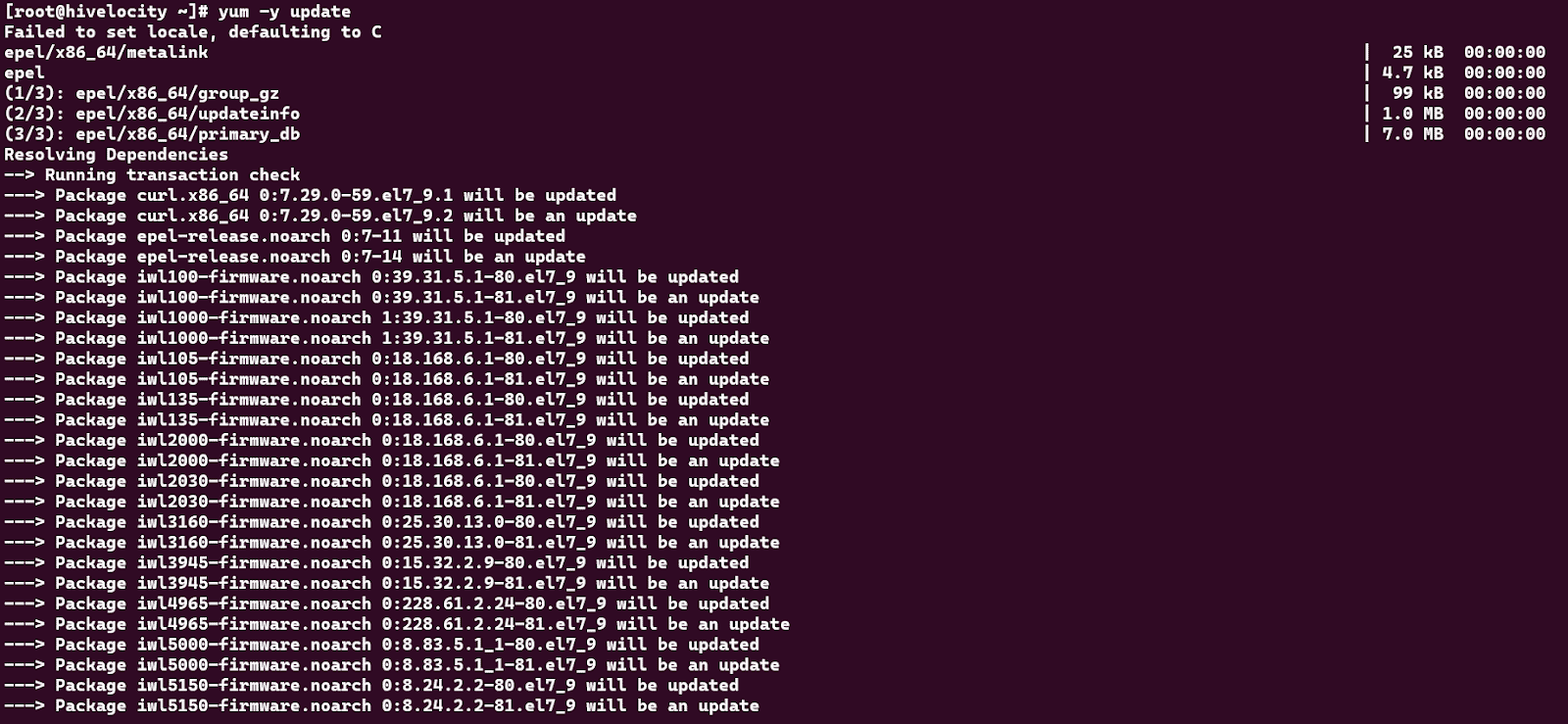 Terminal window highlighting the "yum -y update" command